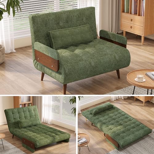3-in-1 Convertible Chair Bed Sleeper for Adults, Linen Convertable Sleeper Chair with Wooden Arms & Pillows, Foldable Single Futon Sofa Bed (Mid Century with Walnut Arm, 36.6" Wide)
