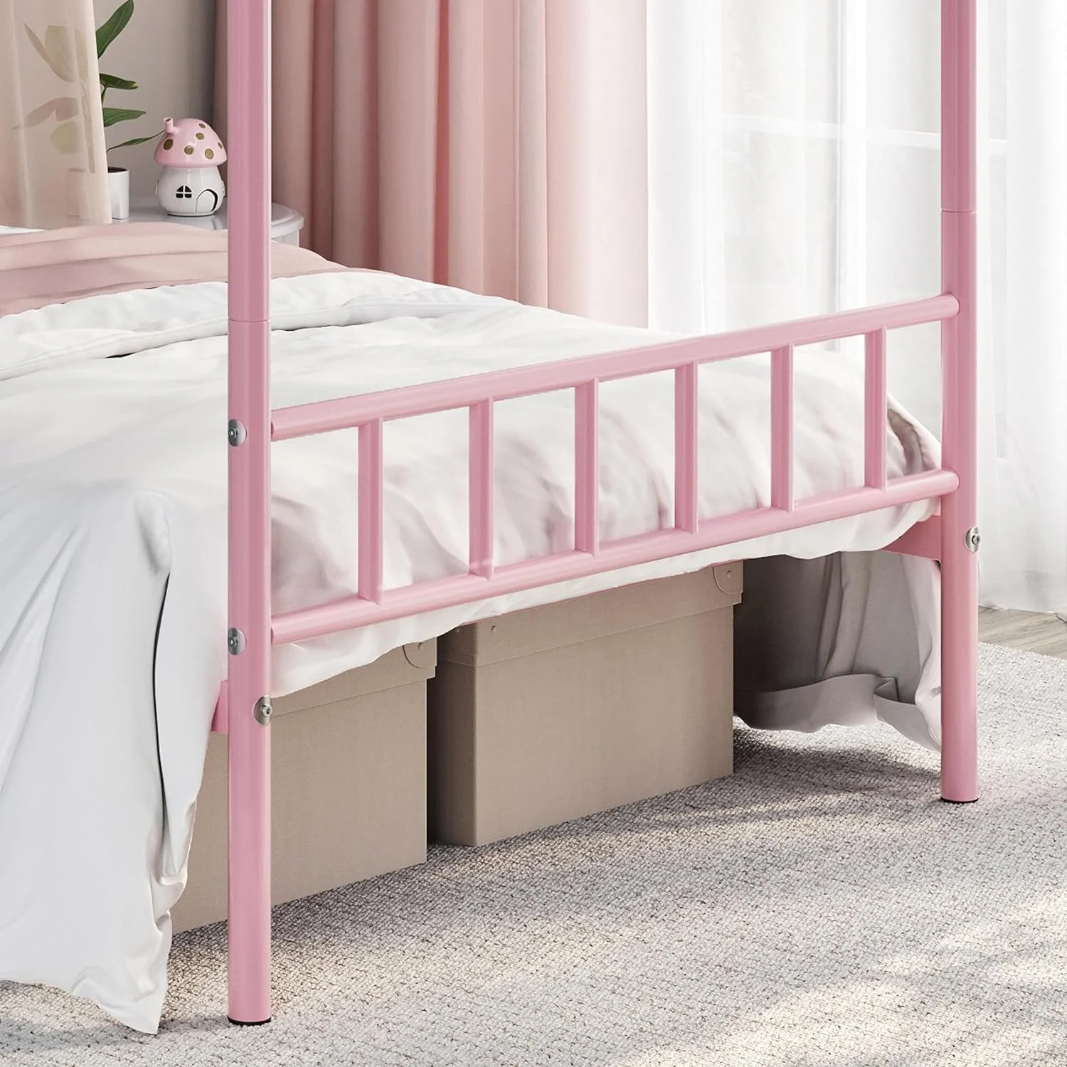 Twin Canopy Bed Frames Metal Platform Bed Frame Four-Poster Canopied Bed Mattress Foundation with Headboard and Footboard Sturdy Slatted Structure Easy Assembly No Box Spring Needed Pink