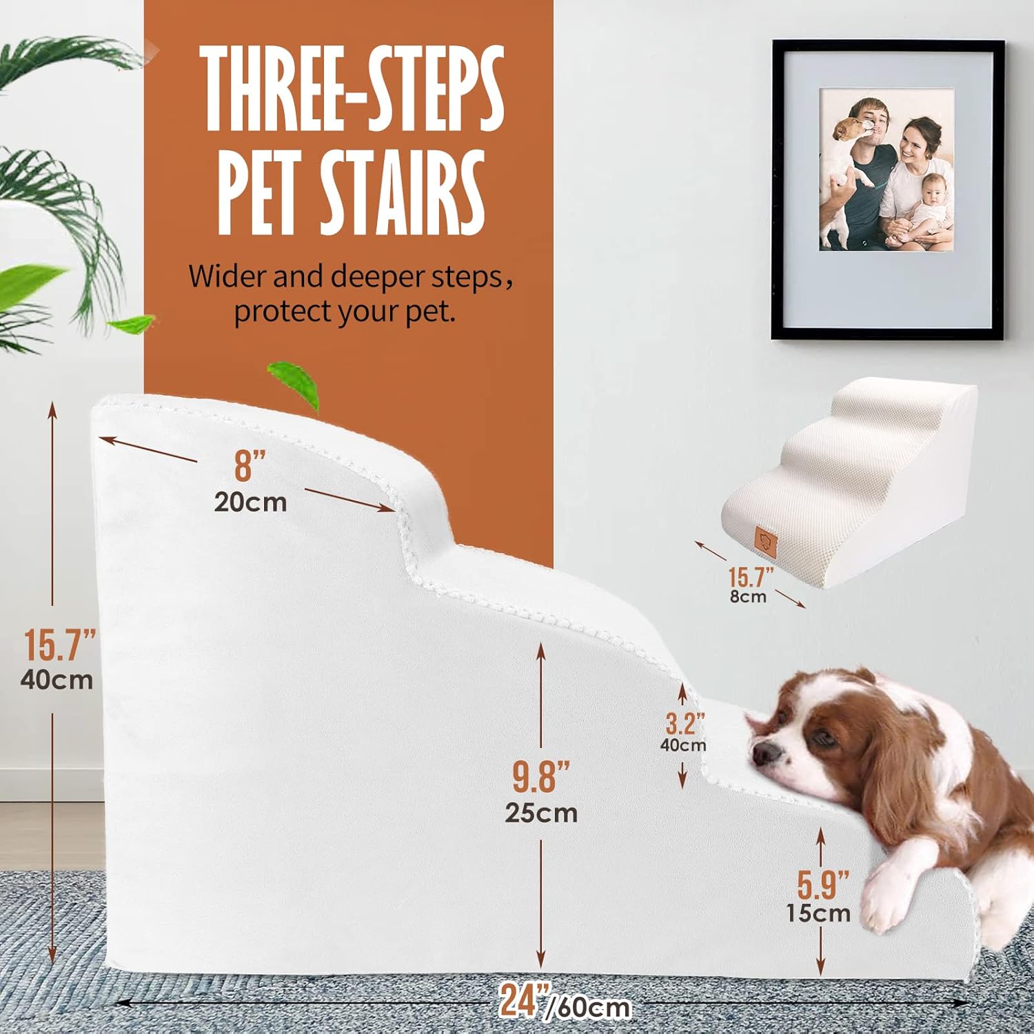High Density Foam Pet Stairs,3 Tiers Pet Steps, Non-Slip Dog Ramps with Removable Cover,15.7 Inch High Dog Ladder,Best for Short Legs,Injured Dogs&Cats ,White,Send a Pet Hair Remover Roller