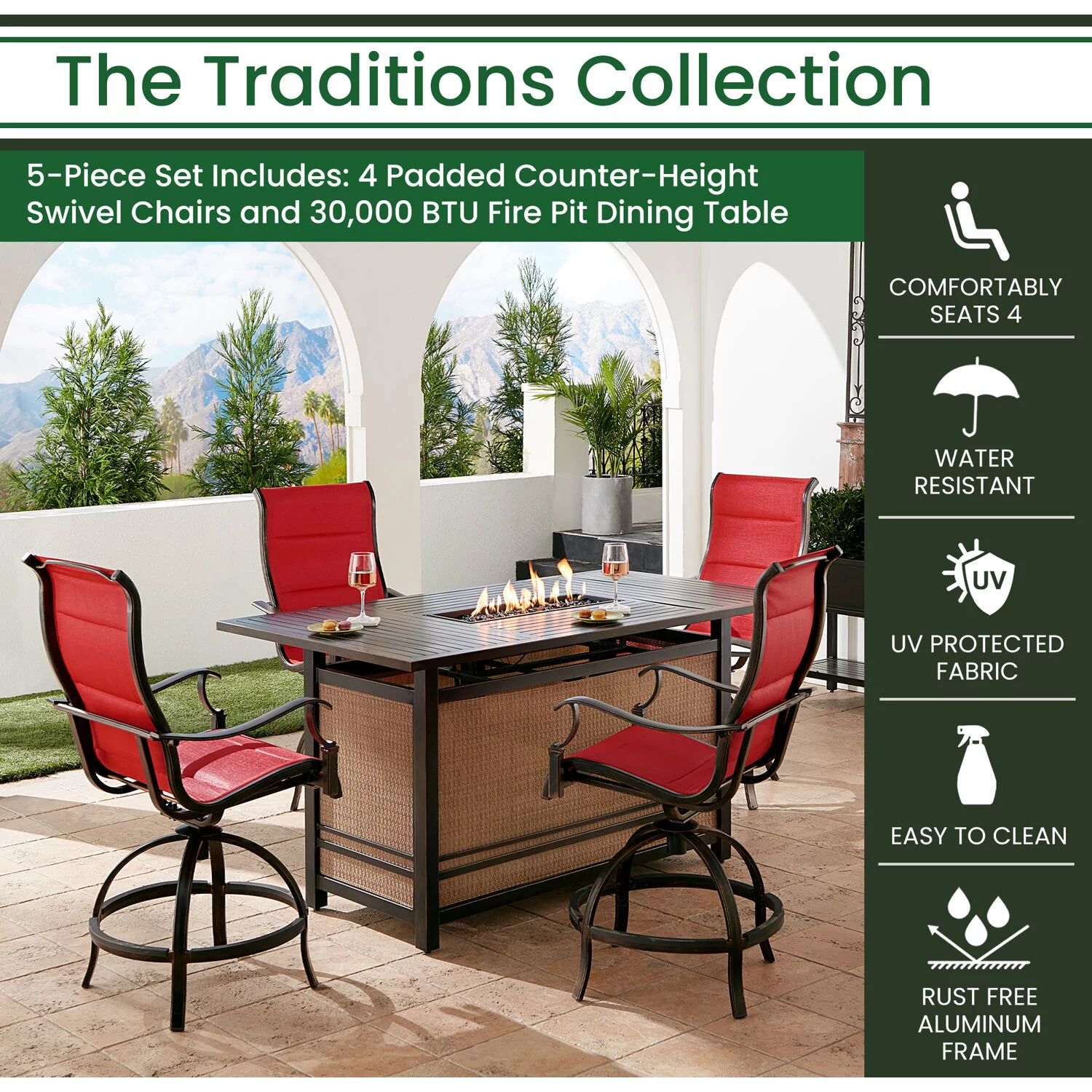 Hanover Traditions 5-Piece Outdoor High Dining Fire Patio Set, 4 Counter-Height Padded Sling Swivel Chairs and Slat-Top Gas Fire Pit Aluminum Table, Brushed Bronze Finish, Rust-Resistant, All-Weather - Curated Treasures Market
