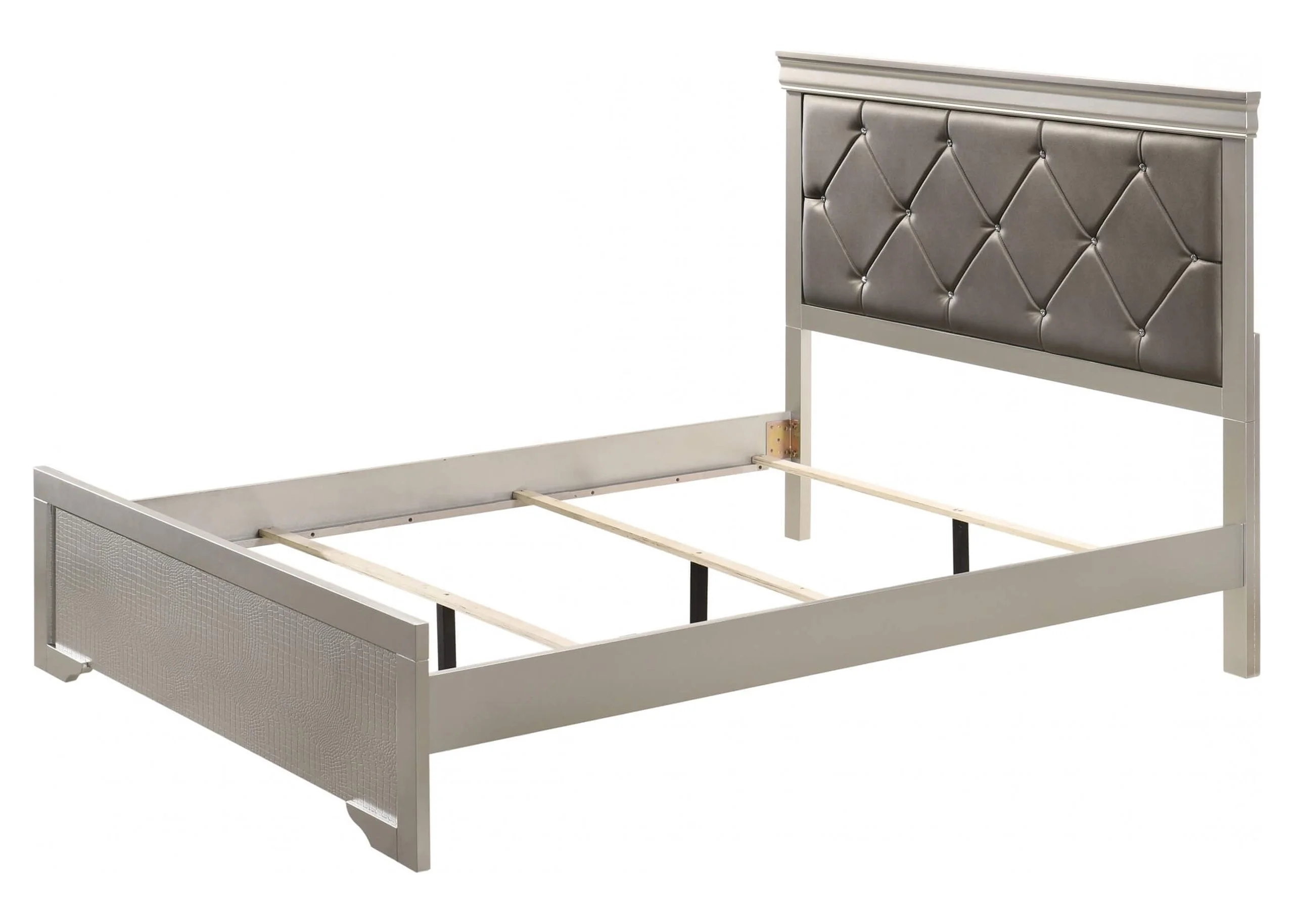 6Pc Silver Finish King Size Panel Upholstered Bed Dresser Mirror Nightstand Chest Set Wooden Bedroom Furniture