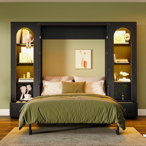KLMM Wooden Murphy Bed Wall Bed with 2 Wardrobe and Storage Shelf,Foldable Platform Bedframe for Guest-Room Bedroom Study Office Use (White#E, Full)