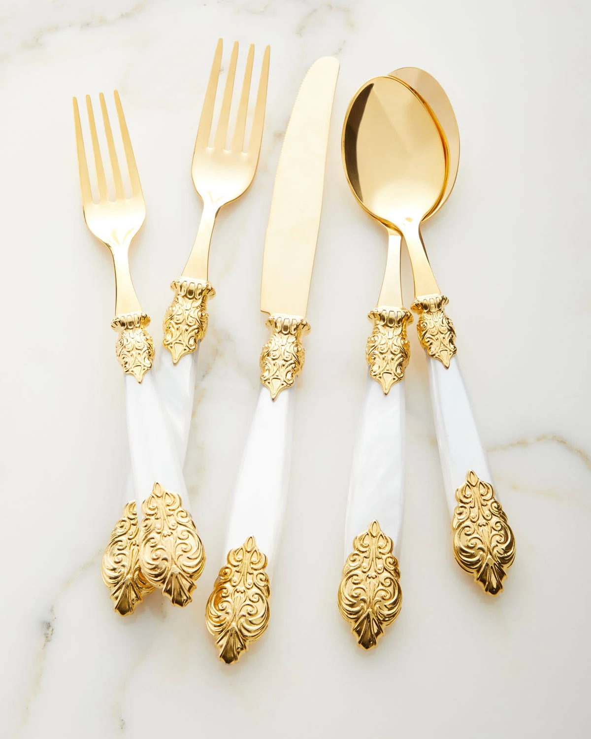 Neiman Marcus 20-Piece Versailles Gold Flatware Service, White Pearl