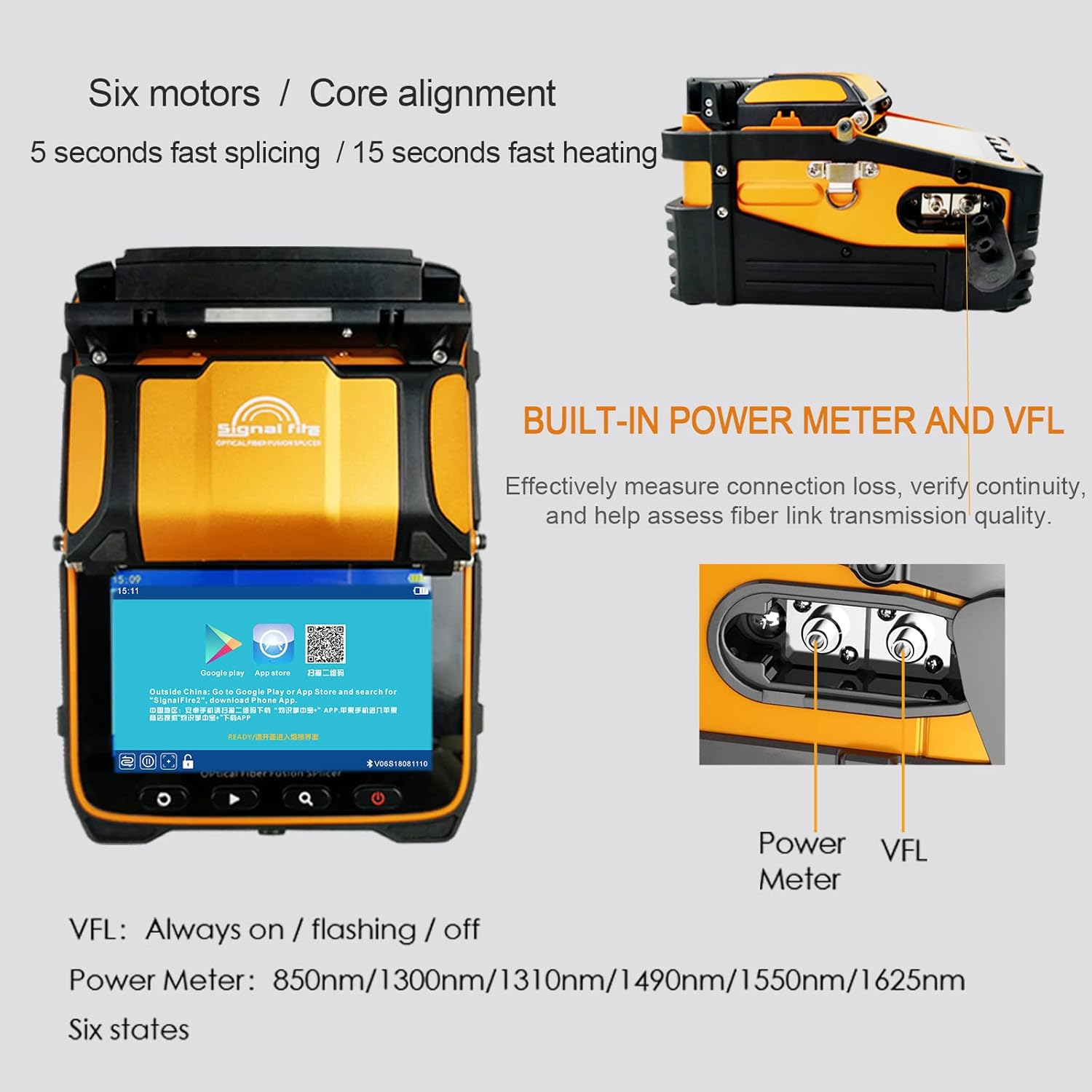 Optical Fiber Cleaver Kit, Optical Fiber Fusion Splicer, Splicing Heating Machine, Automatic Splicing Time Melting Toolbox Kit W/App Control & Red Light Detection, Splicing 5S Heating15S
