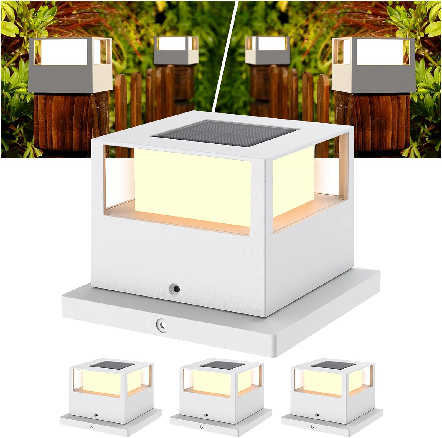 6 Pack Solar Post Lights Outdoor Solar Post Cap Lights, 20 Lumen High Brightness Waterproof LED Fence Post Solar Lights with Base for 4x4 5x5 6x6 Wooden Posts,White
