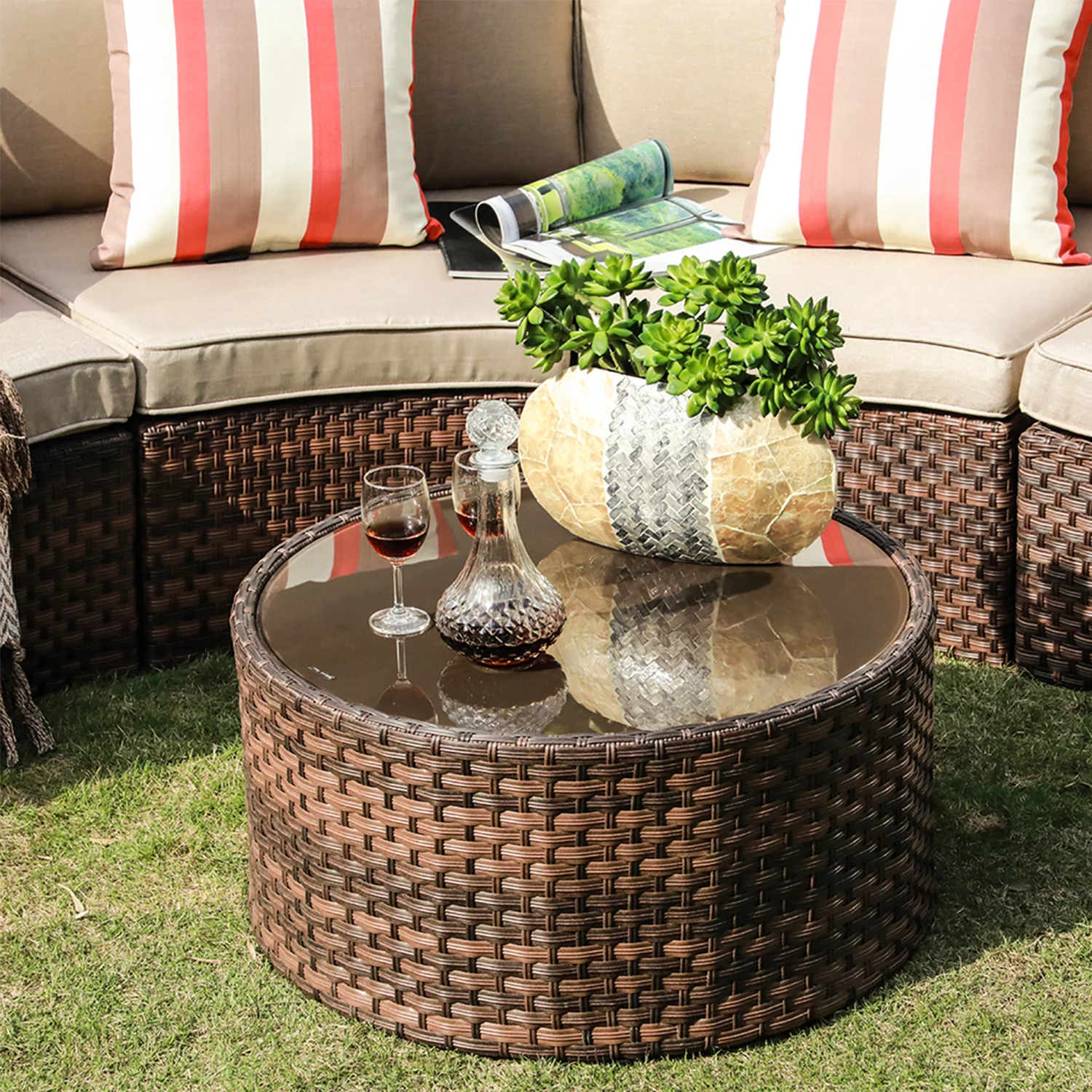 Outdoor Sectional Half-Moon Curved Sofa Set, 7-Piece Brown All Weather PE Wicker Sectional Furniture Set with Round Coffee Table and Side Tables, 4 Pillows & Waterproof Cover Included, Beige Cushion