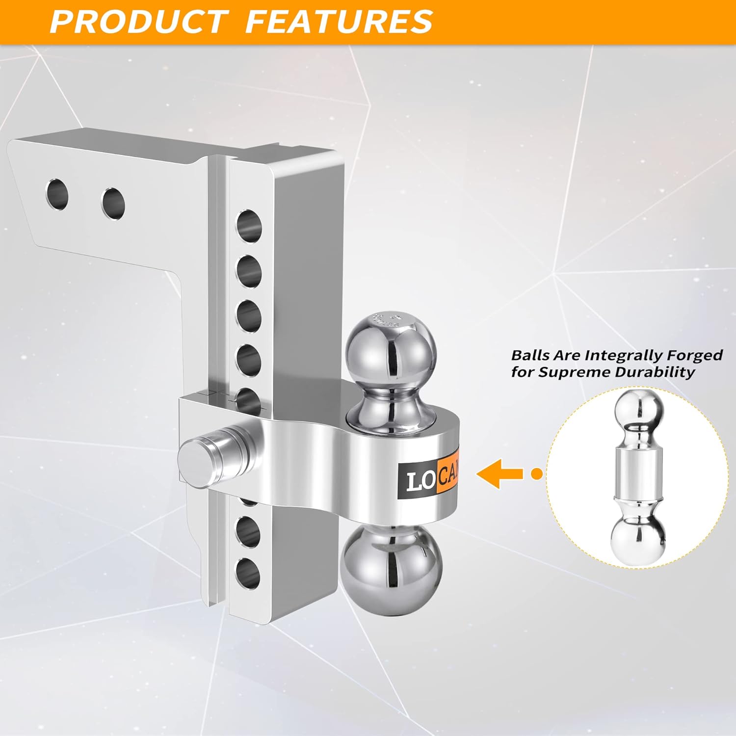 LOCAME Adjustable Trailer Hitch, Fits 2.5-Inch Receiver, 8-Inch Drop/Rise Aluminum Drop Hitch, 18,500 LBS GTW--Tow Hitch for Heavy Duty Truck with Double Stainless Steel Locks, Silver, LC0008