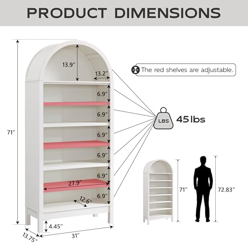71" Tall Arched Bookshelf, 7 Tiers Arch Bookcase with Storage, Modern Farmhouse Book Shelf with Adjustable Shelves, Wood Bookshelf w/Open Display Shelves for Living Room, Office (Natural)