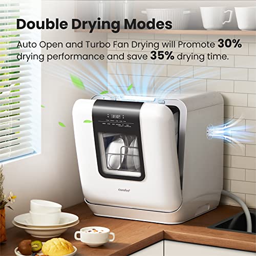 COMFEE' Portable Mini Dishwasher Countertop with 5L Built-in Water Tank for Apartments& RVs, No Hookup Needed, 6 Programs, 360° Dual Spray, 162℉ High-Temp& Air-Dry Function