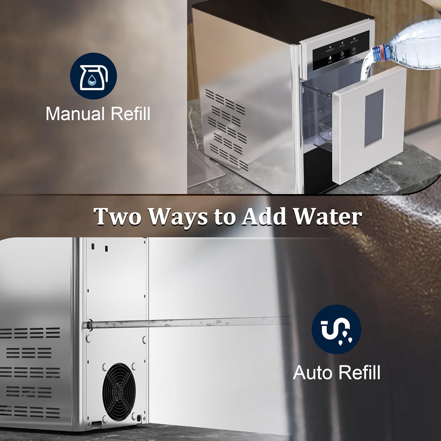 Nugget Ice Maker Countertop, 44 lbs/Day Chewable Ice Maker, One-Click Operation, Two Ways add Water, Self-Cleaning Sonic Ice Maker for Home, Office, Kitchen, RV, Basement Bars