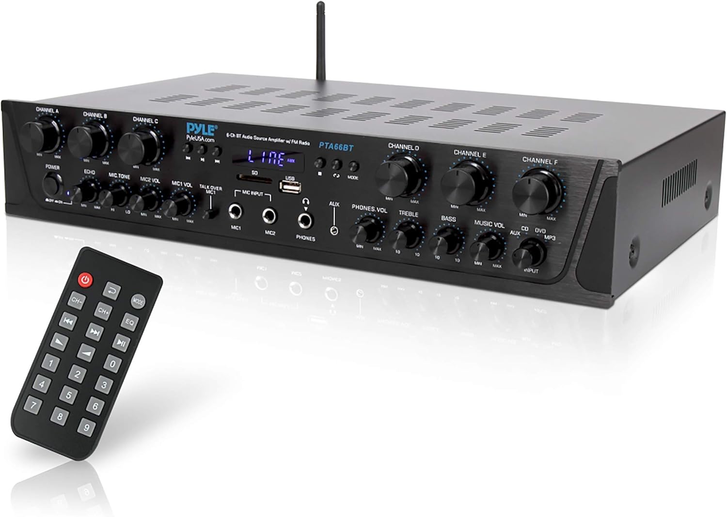 Wireless Home Audio Amplifier System-Bluetooth Compatible Sound Stereo Receiver Amp - 6 Channel 600Watt Power, Digital LCD, Headphone Jack, 1/4'' Microphone in USB SD AUX RCA FM Radio-Pyle PTA66BT.5
