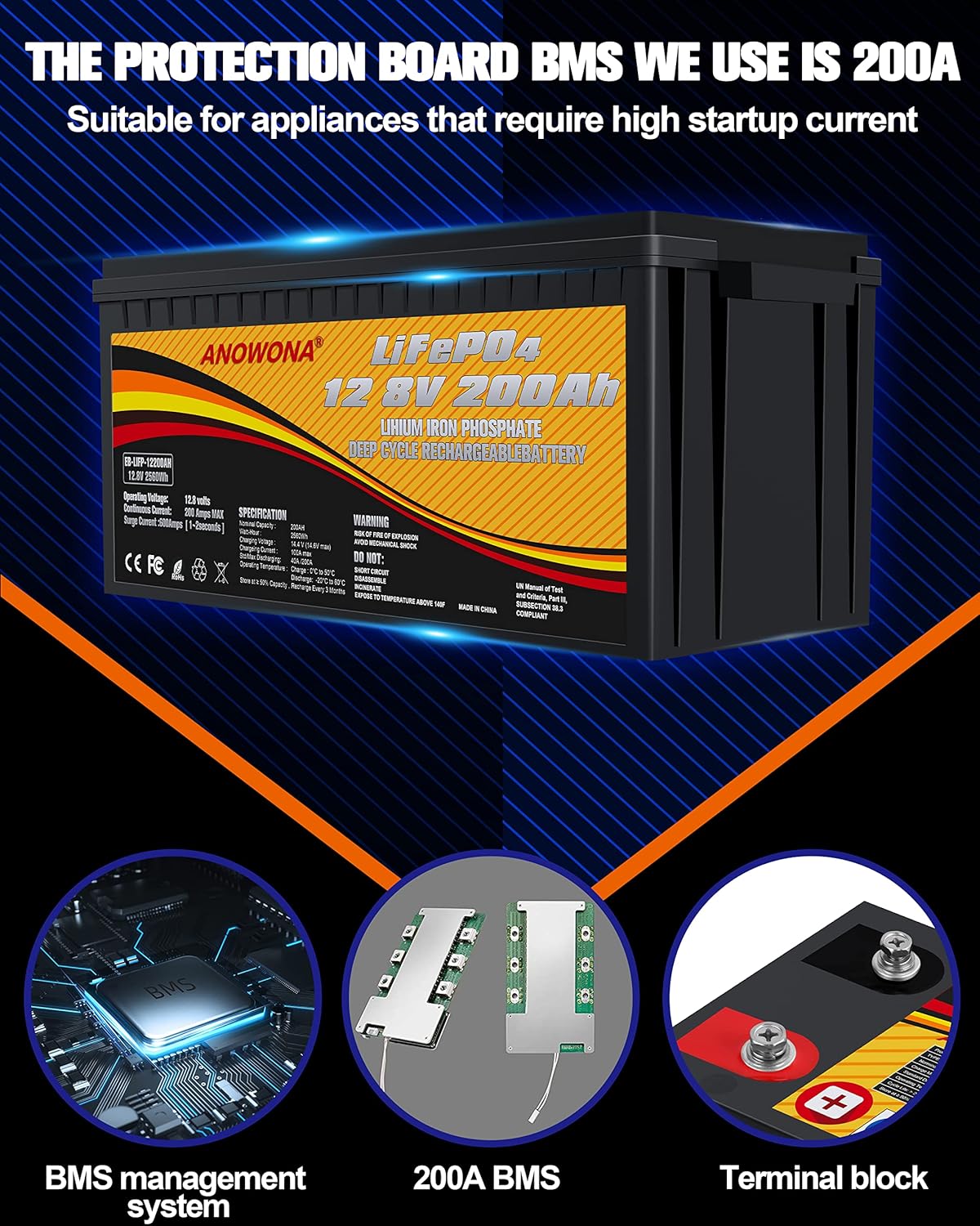 12.8V 200Ah Lithium Iron LiFePO4 Deep Cycle Battery, Built-in 100A BMS, 2000+ Cycles, 280amp Max, Perfect for RV, Solar, Marine, Overland, Off-Grid Application (12.8V200AH)