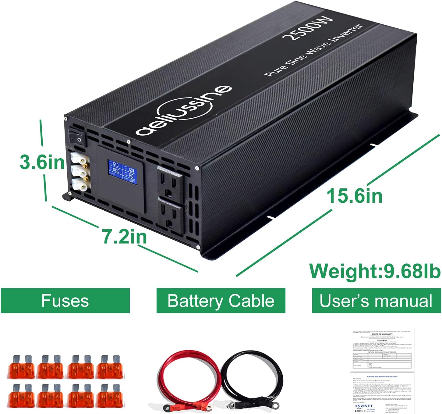 aeliussine 2000w Inverter Pure Sine Wave Power Inverter 48v dc to ac 110v 120v with Hardwire Terminal, LCD Display, for Car RV, Truck, Yacht, and Off Grid Solar Power System (2000w 48v)