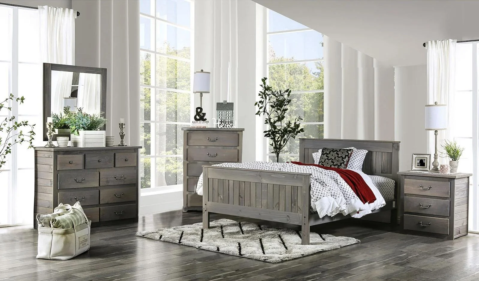 Rustic Weathered Gray Pine Wood Queen Bedroom Set 6pcs FOA AM7973 Rockwall - Curated Treasures Market