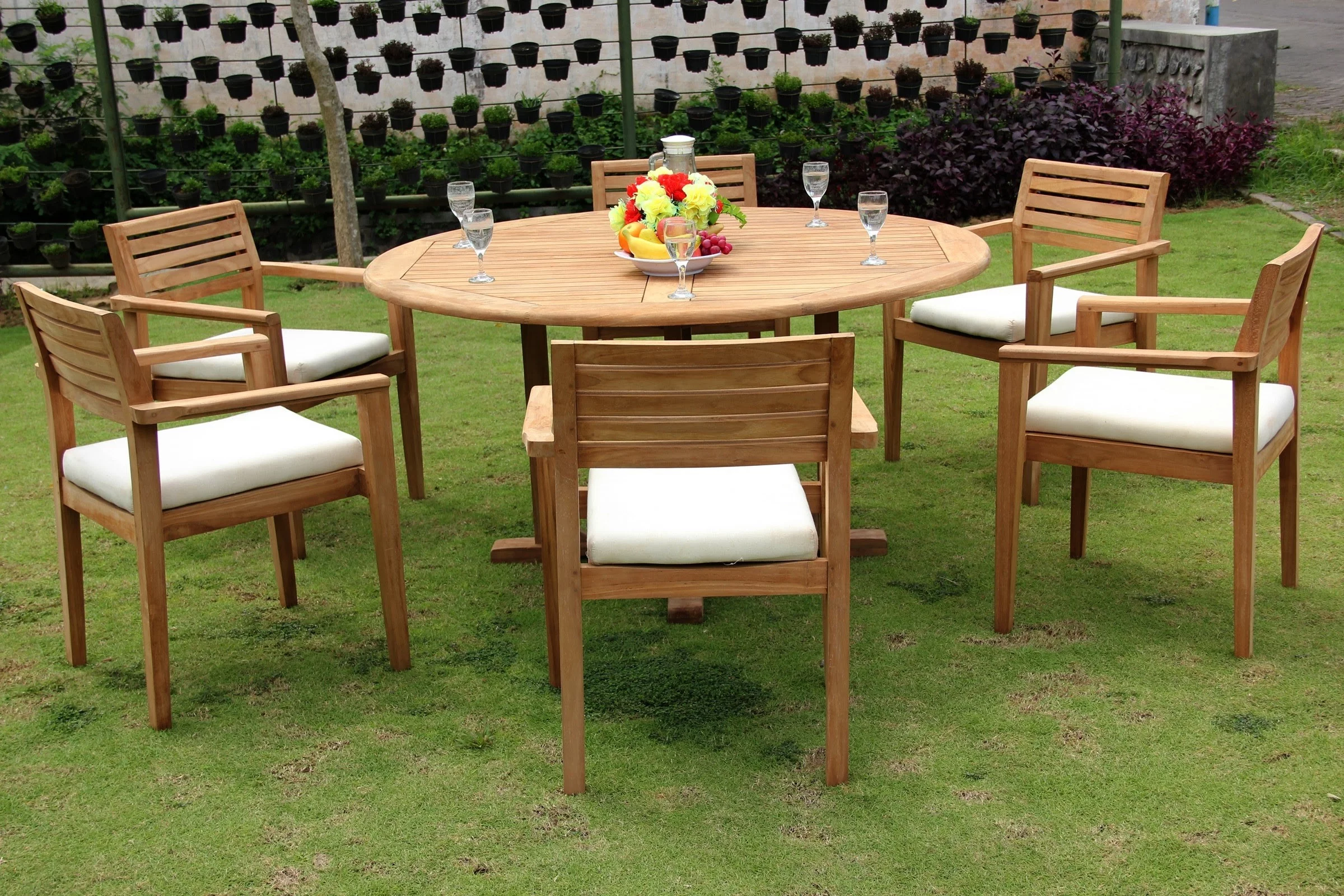 Teak Dining Set:6 Seater 7 Pc - 60" Round Table And 6 Montana Stacking Arm Chairs Outdoor Patio Grade-A Teak Wood WholesaleTeak #WMDSMT6