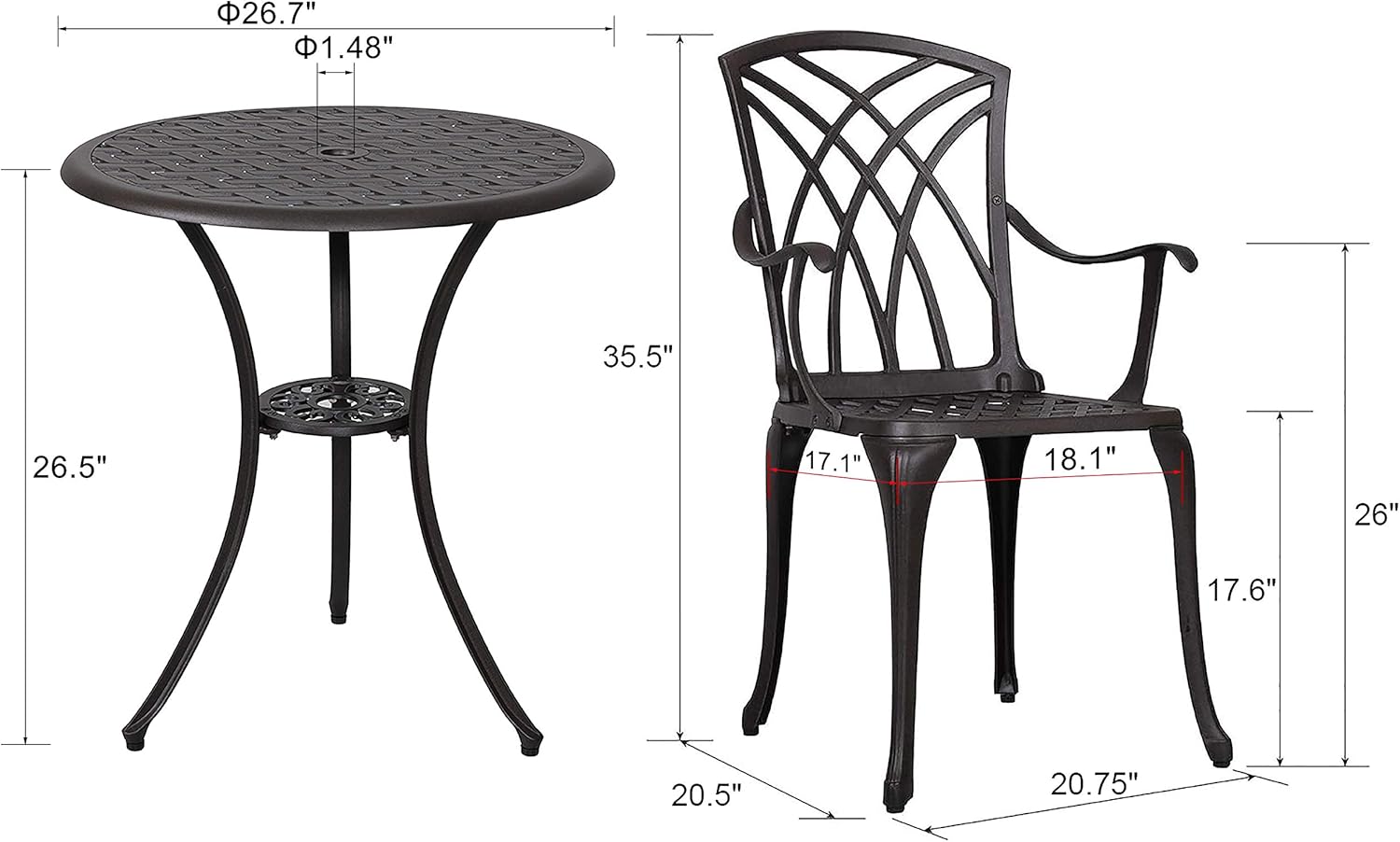 Nuu Garden 3 Piece Patio Bistro Table Set, Cast Aluminum Outdoor Patio Bistro Set Weather Resistant Chairs and Table with Umbrella Hole for Yard, Balcony, Antique Bronze