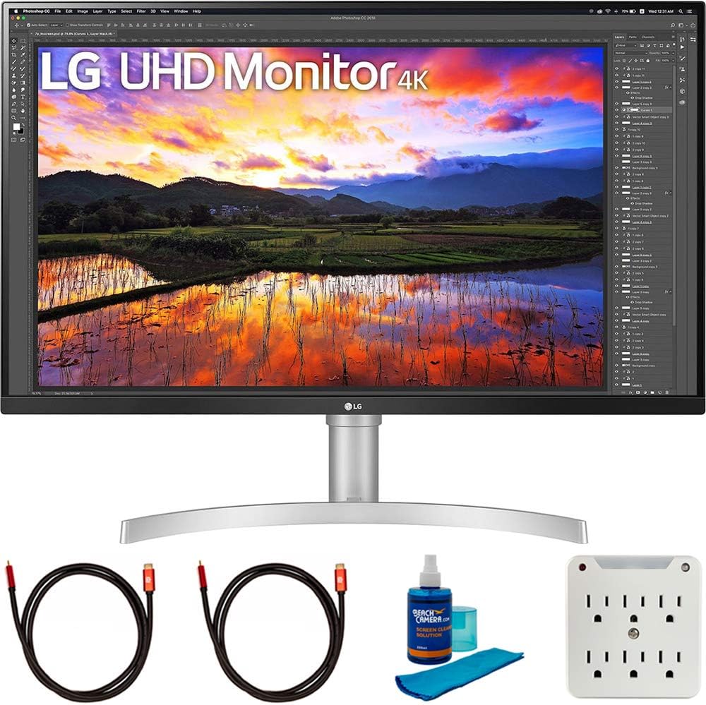 LG 32UN650-W 32 inch UHD 3840x2160 IPS Ultrafine Monitor with HDR10 AMD FreeSync Bundle with 2X 6FT Universal 4K HDMI 2.0 Cable, Universal Screen Cleaner and 6-Outlet Surge Adapter
