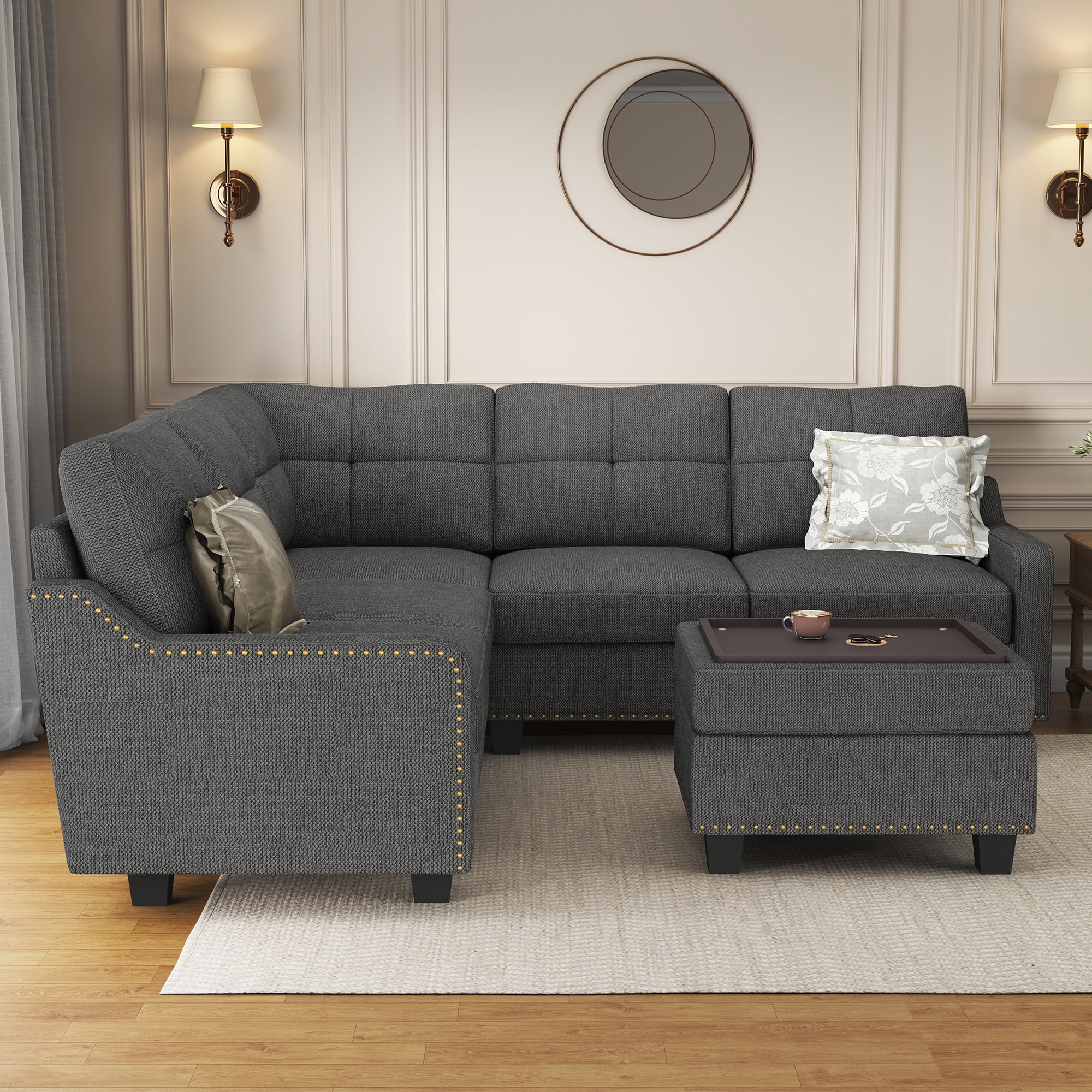 HONBAY Modern Convertible Nailhead Trim Sofa Set with Storage Ottoman, Dark Gray Sofa Set for Living Room - Curated Treasures Market