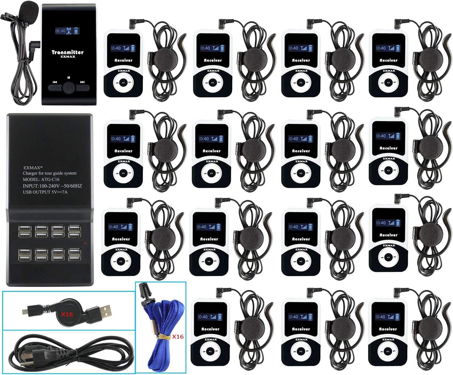 EXMAX® ATG-100T 195-230MHz Wireless Tour Guide System Simultaneous Translation Interpreting Equipment for Church Translator in Your Ear Translation Devices 1 Transmitter 15 Receivers + Charge Station