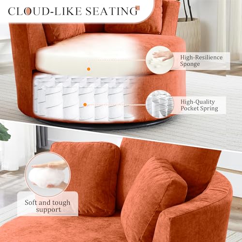 Chair and A Half with Ottoman, 360° Swivel Accent Barrel Chair Modern Comfy Round Reading Sofa Swivel Chairs Circle Lounge Chair for Bedroom Living Room w/4 Pillow Lower Seating Heigh (White, Large)