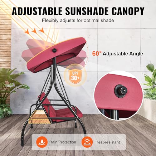 VEVOR 3-Seat Patio Swing Chair, Converting Canopy Swing, Outdoor Patio Porch with Adjustable Canopy, Removable Thick Cushion and Alloy Steel Frame, for Balcony, Backyard, Poolside, Brown