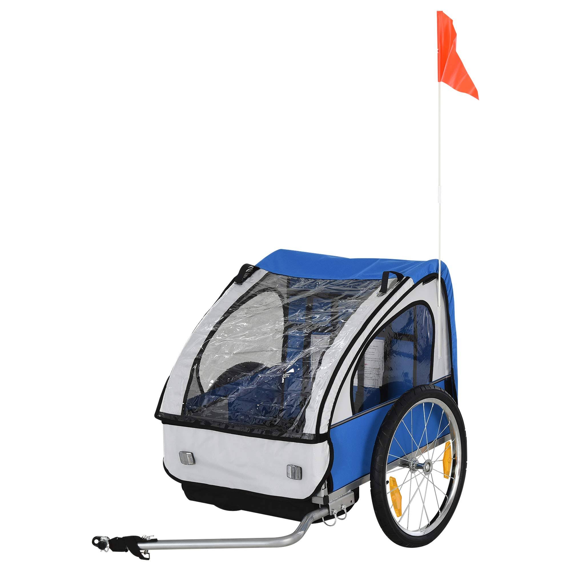 Aosom 2-Seat Kids Child Bicycle Trailer with A Strong Steel Frame, 5-Point Safety Harnesses, u0026 Comfortable Seat (Blue)