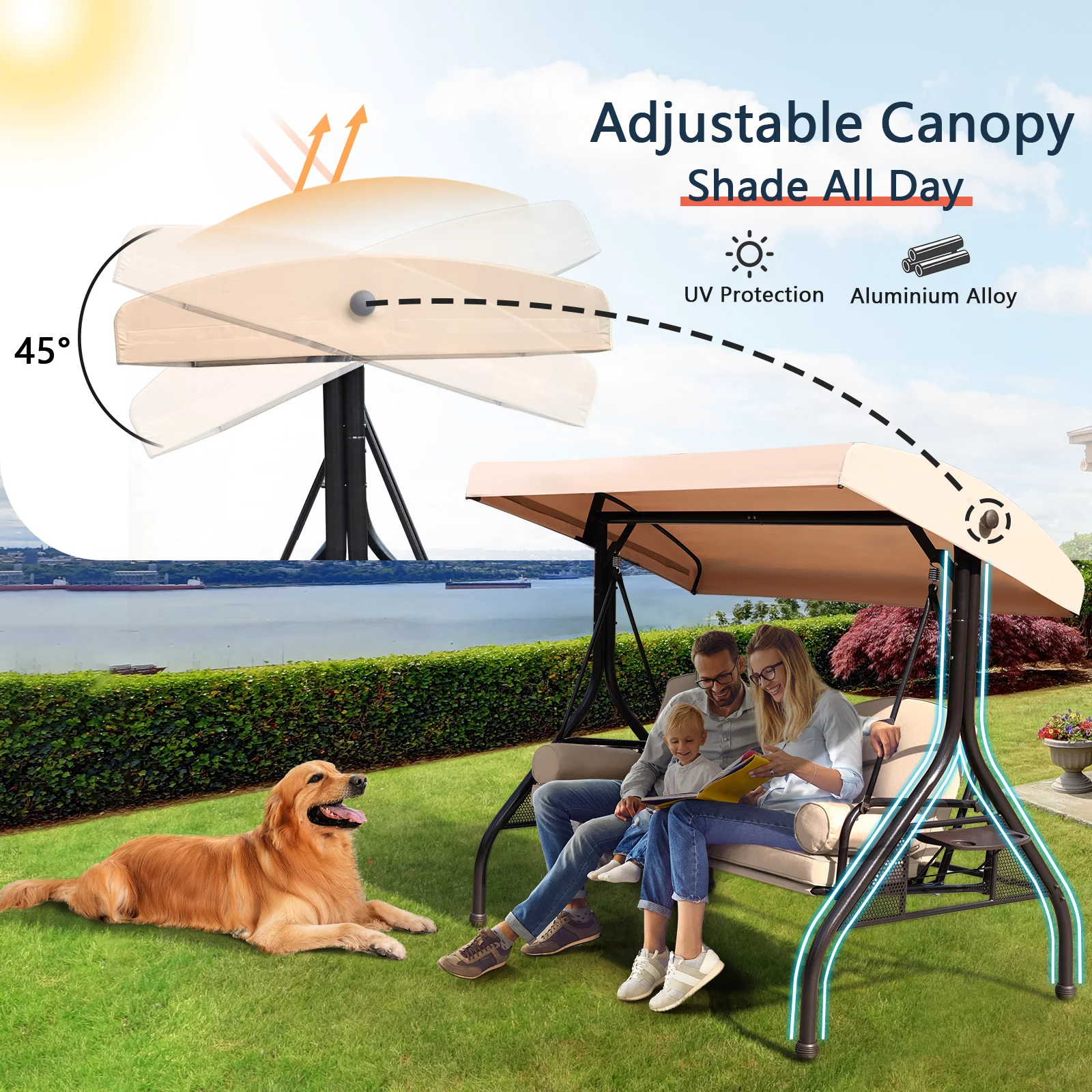 NOBLEMOOD 3-Seat Patio Porch Swing with Adjustable Canopy, Thickened Cushion & Foldable Tray, Khahi