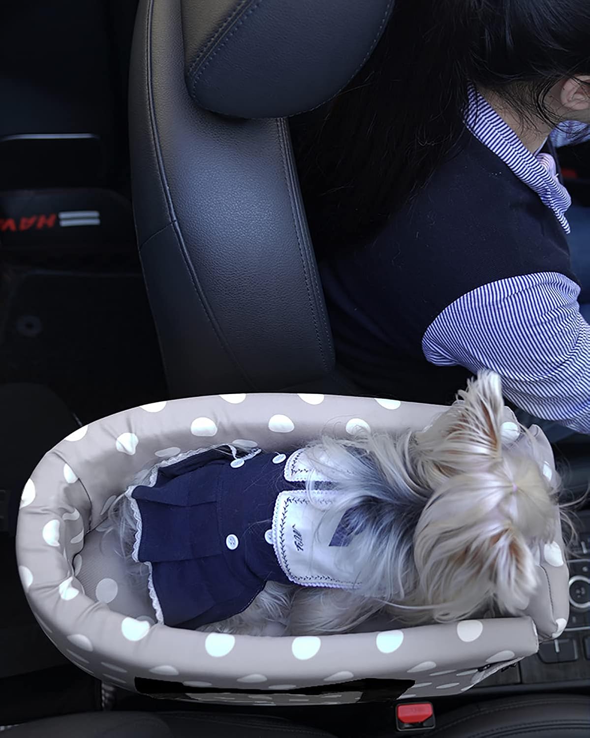 Ximei Dog Booster Car Seat ON Car Armrest Center Console Dog Pet Booster Car Seat Dog Cat Travel Seat Puppy Console for SUV Secure Safety Seat Perfect for Small Dogs Cats (Black and White)