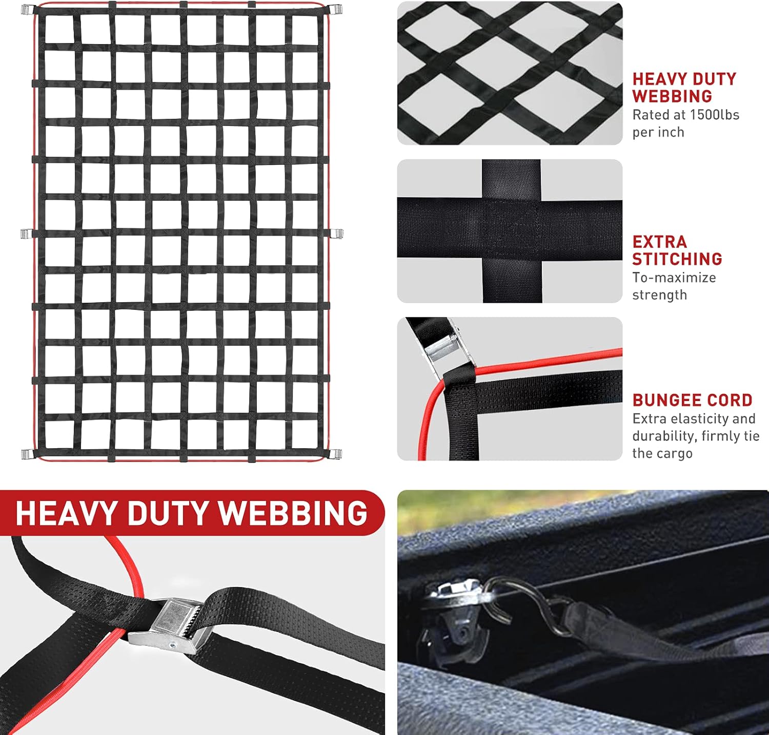AUTOGEN Truck Bed Cargo Net, 57x73 Cargo Net with Cam Buckles & S-Hooks, Heavy Duty Cargo Nets Capacity 1100LBS for Pickup Trucks (4.75' x 6')