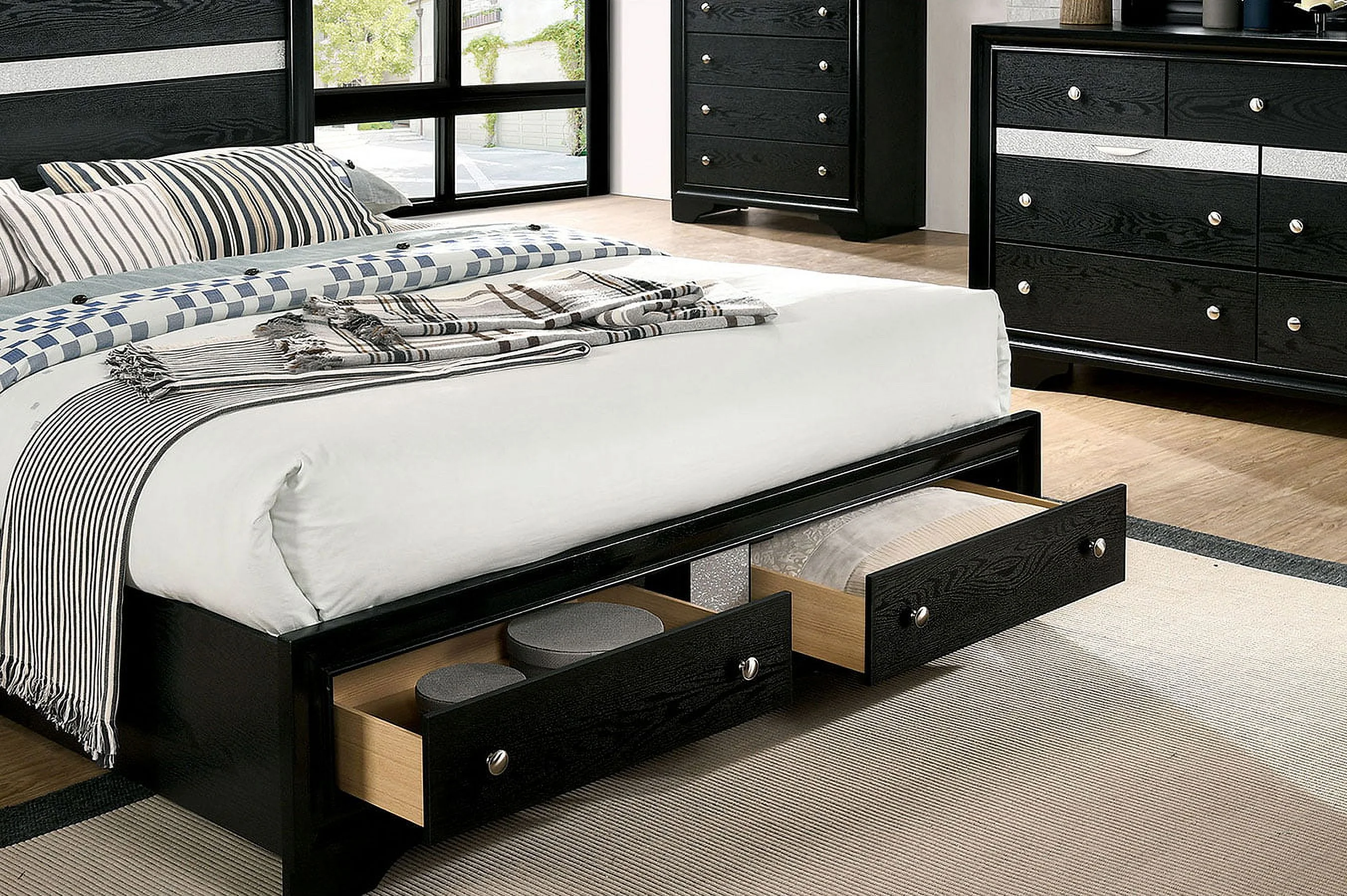 Black Classic Queen Size Bed Panel HB Dresser Nightstand w Jewelry Tray Mirror 4pc Set Solid Wood Bedroom Furniture
