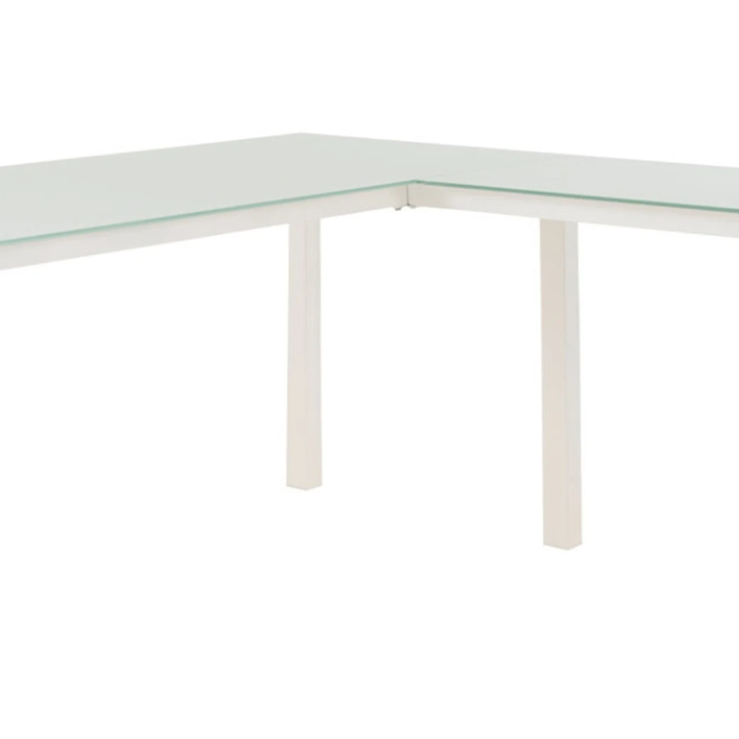 Benzara Metal L Shape Desk with Frosted Glass Top and Block Legs, White