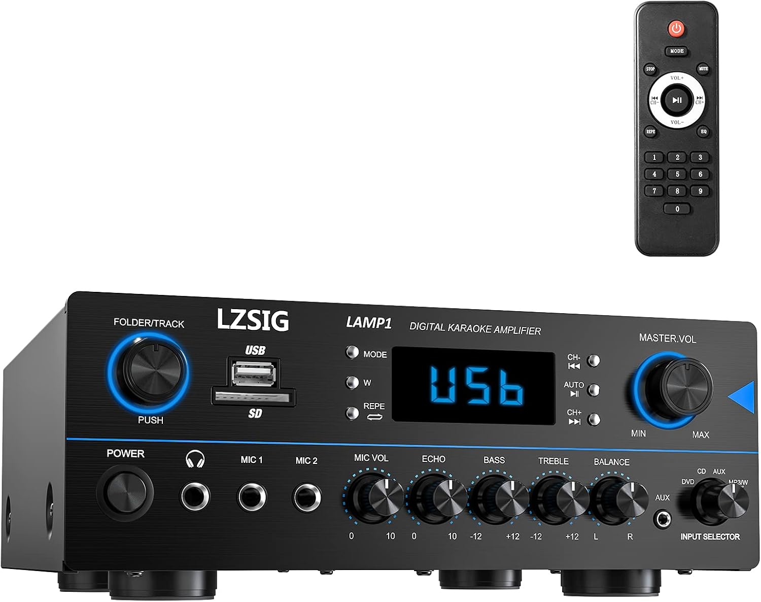 LZSIG Home Audio Receiver Amplifier Peak Power 110W x 2 Channel Stereo Karaoke Amplifier w/MP3, USB, SD, AUX, RCA, MIC Jack,Headphone Jack, FM, LED, Reverb Echo, for for Home/Studio/Bedroom - LAMP1