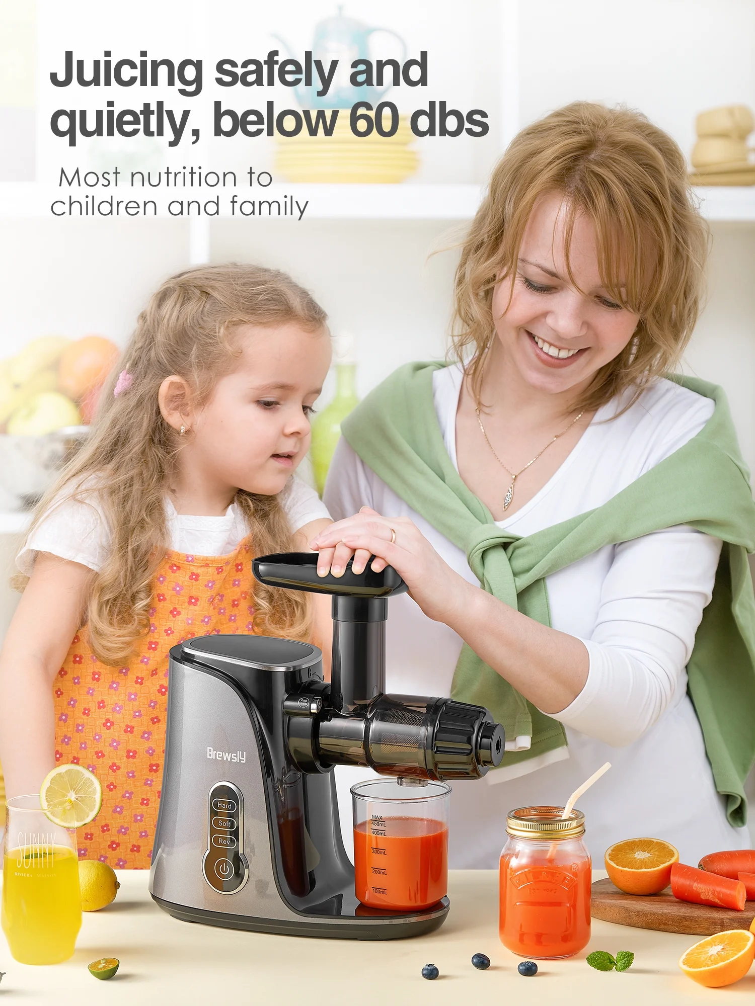Brewsly Juicer Machines Easy to Clean, Slow Masticating Juicer Higher Juice Yield, Black