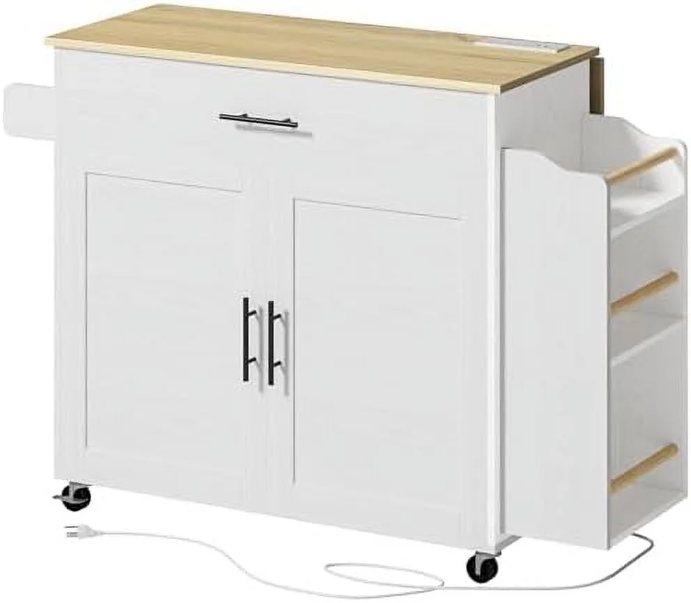 SQCFVGB Kitchen Island with   Rolling Kitchen Island on Wheels with Drop Leaf  3 Open Spice Rack   Door Cabinet  Drawer  Kitchen Cart Island Table for Kitchen  White - Curated Treasures Market