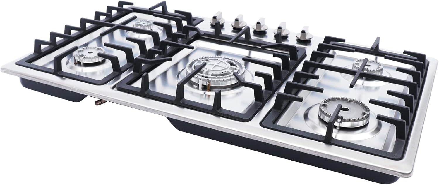 34 Inch 5 Burners Stainless Steel Built-In Gas Cooktop, Stove Top Gas Burners with Cast Iron Grates for Cooking(Silver)