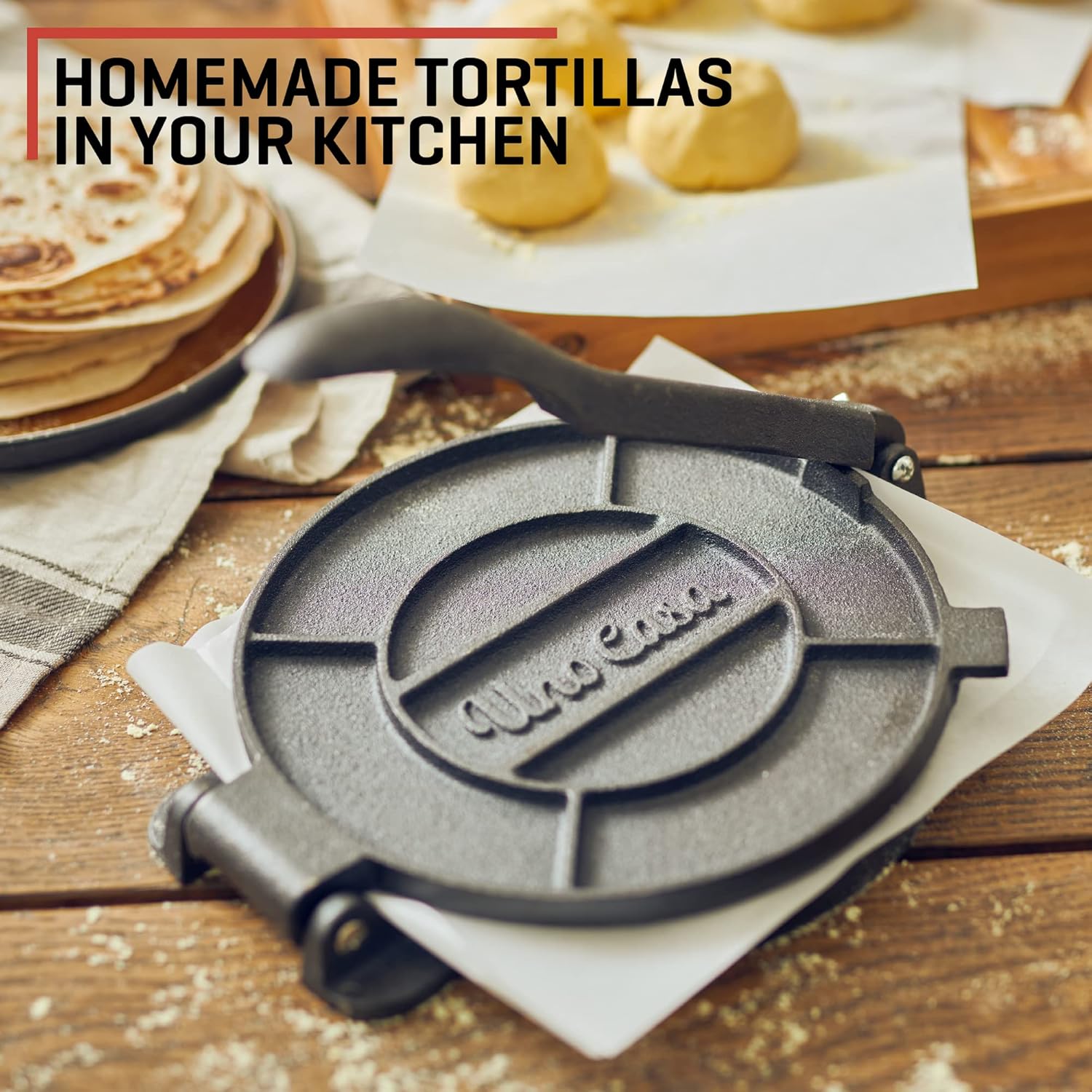 Uno Casa Cast Iron Tortilla Press 8 Inch with Cast Iron Comal Pan - Bundle of Tortilla Pan for Roti, Tawa, Dosa and Pre-Seasoned Tortilla Press Pataconera