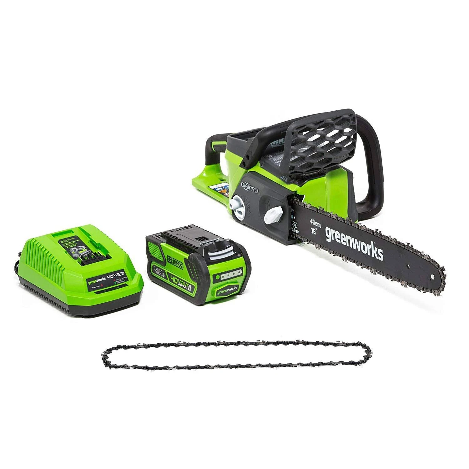 Greenworks 16-inch 40V Cordless Chainsaw with Extra Chain, 4Ah Battery and A Charger Included 20312