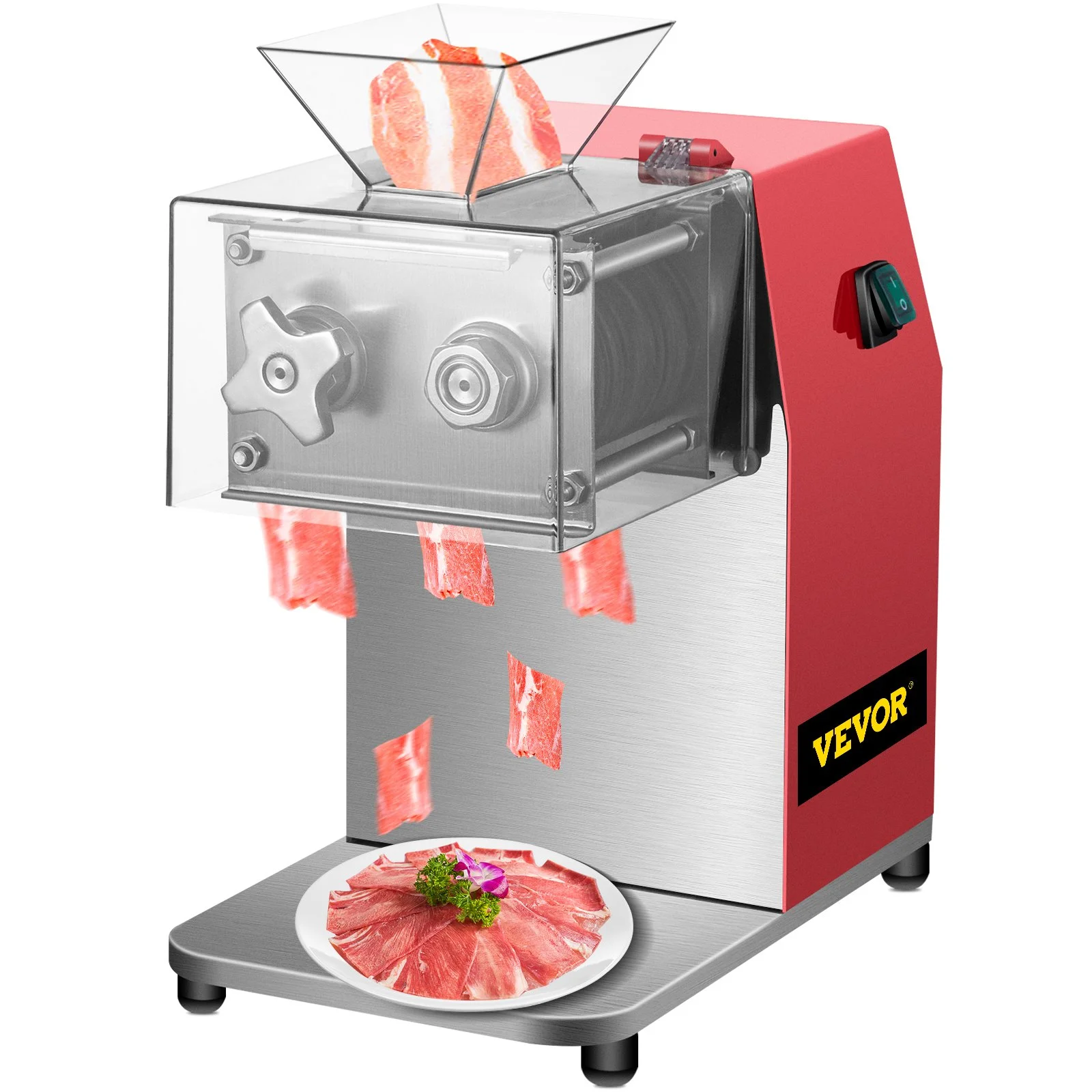 VEVOR 850W Commercial Meat Cutter, 551 Lbs/H Capacity with 3.5mm Blade, Electric Stainless Steel Food Cutter for Lamb, Beef, Chicken - Ideal for Kitchens & Supermarkets, Red