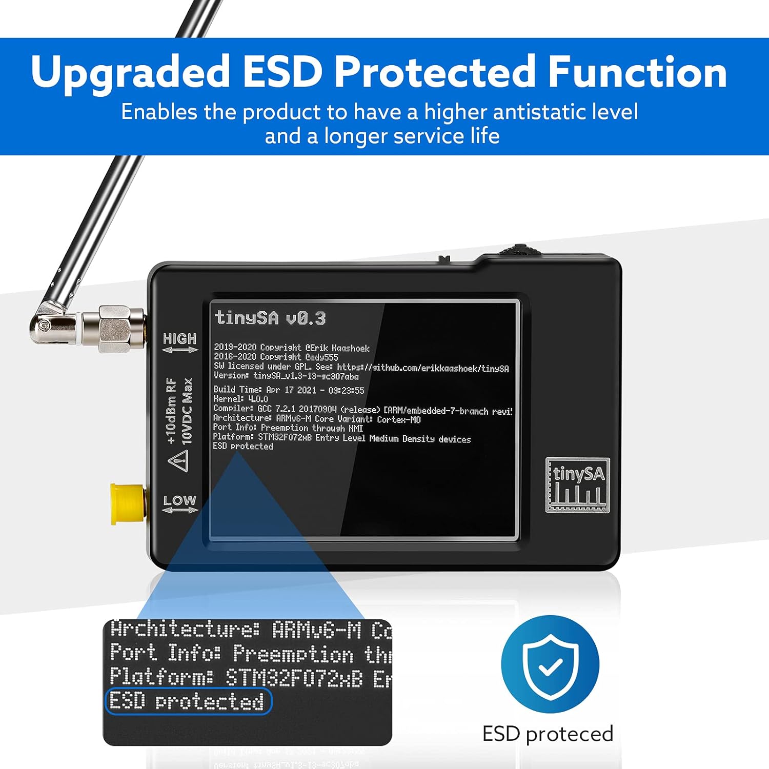 Portable TinySA Spectrum Analyzer, SEESII Upgraded V0.3.1 Tiny Frequency Analyzer with Antenna SMA Male to UHF Female Cables, 100kHz to 960MHz MF/HF/VHF UHF Input, 2.8'' Touchscreen Signal Generator