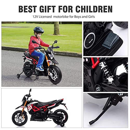 TOBBI 12V Aprilia Licensed Kids Ride-On Motorcycle Dirt Bikes for Kids with Training Wheels, Spring Suspension, Lights, Music Story USB MP3 (Red)