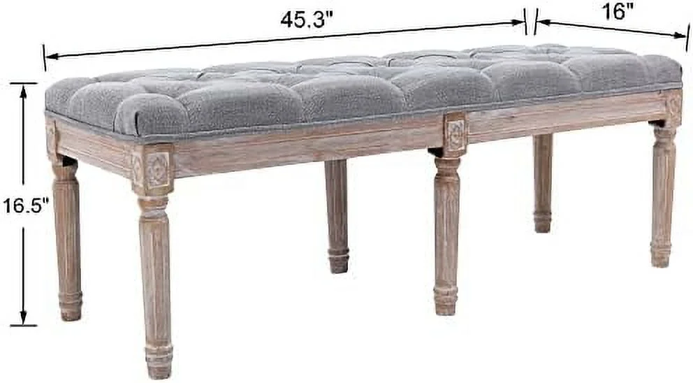 Fabric Entryway Bench with Button Tufted Seat and Rustic Wood Legs  Vintage Bedroom Bench End of Bed  Padded Extra Seating Bench for Living Room Office Studio Hallway  Grey