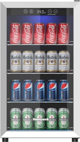 Honeywell Beverage Refrigerator and Cooler, 48 Can Mini Fridge with Glass Door for Soda Beer or Wine for Office or Bar with Adjustable Removable Shelving