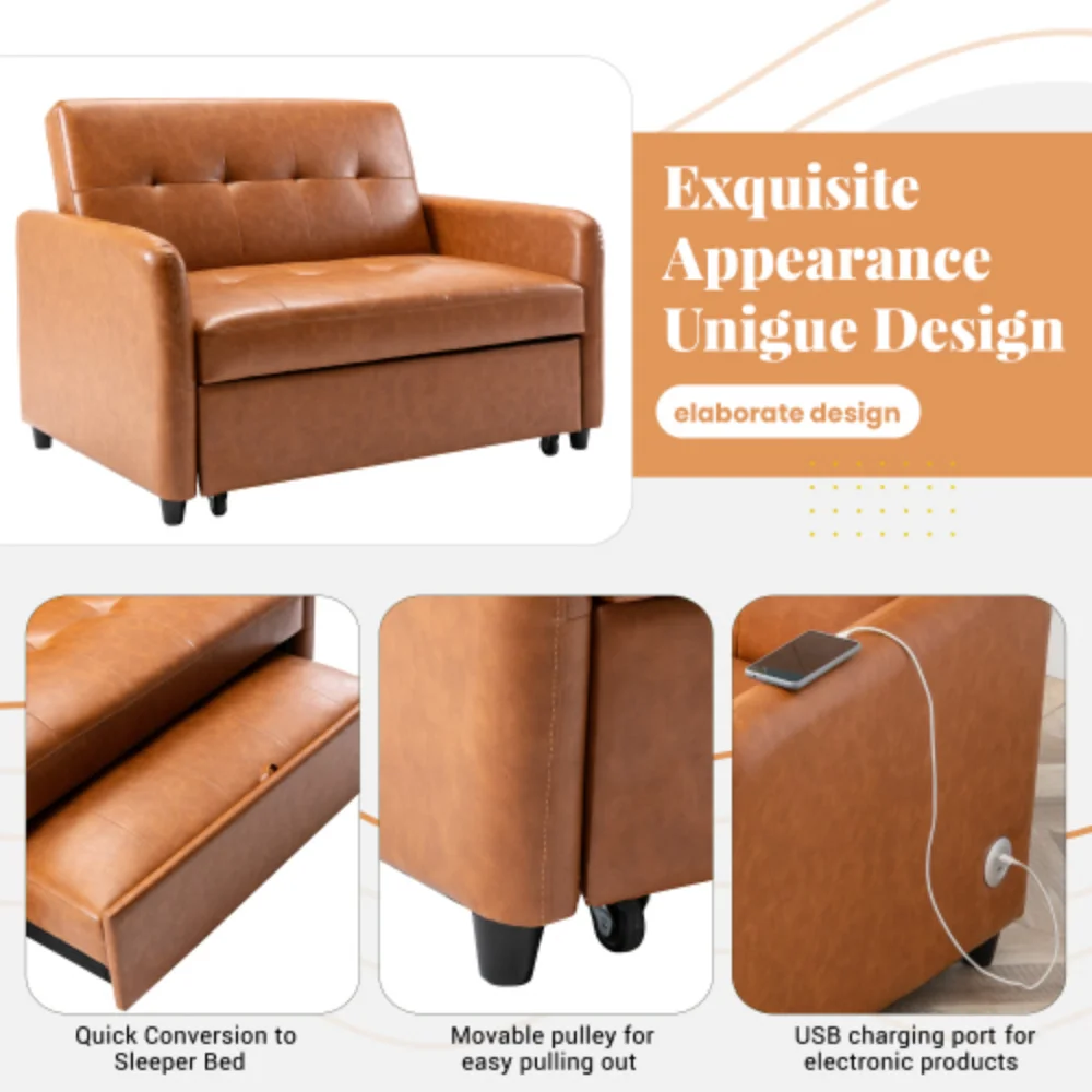 51" Convertible Sleeper Bed, Adjustable Oversized Armchair with Dual USB Ports for Small Space