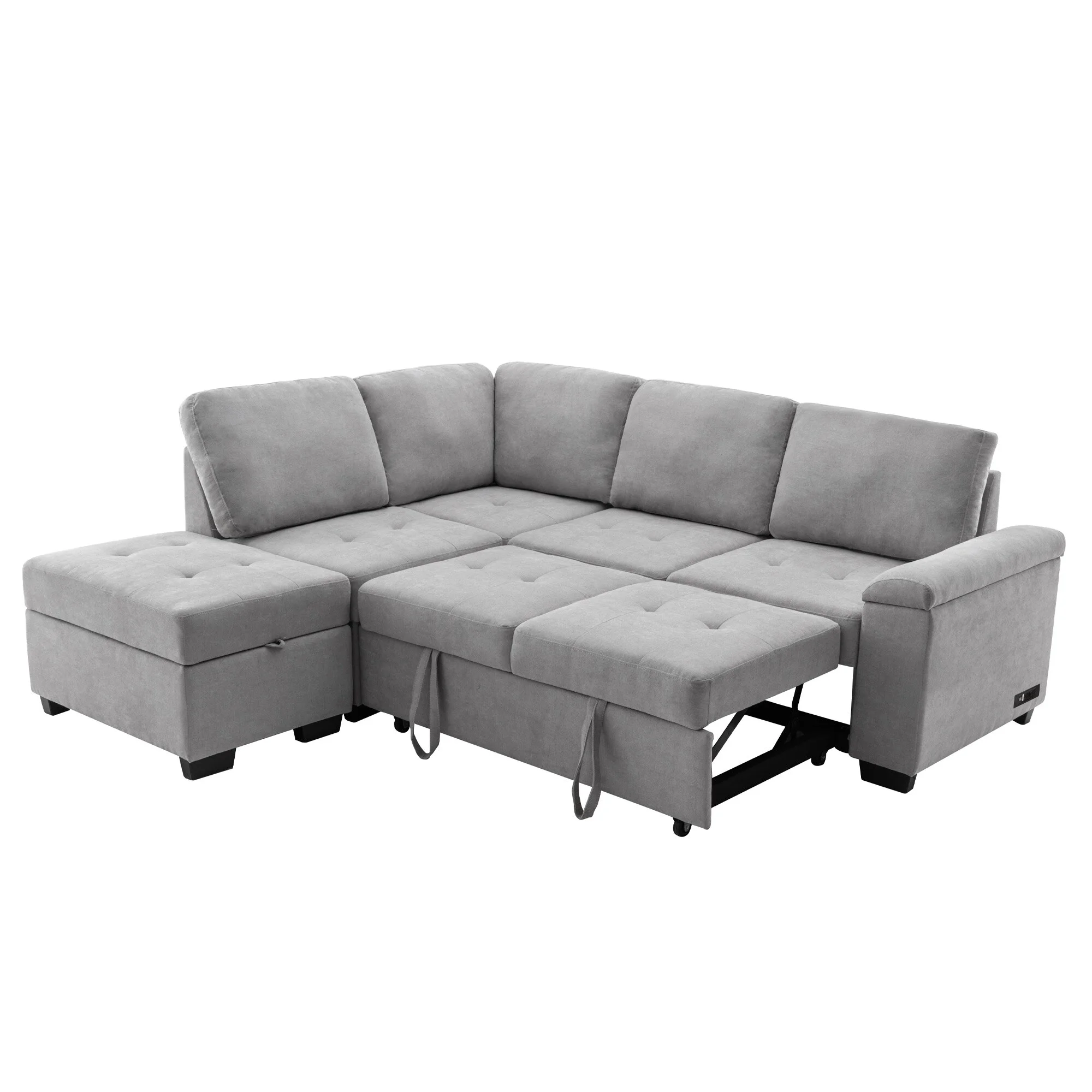 L-Shape Sleeper Sectional Sofa with Storage Ottoman & Hidden Arm Storage, Corner Couch Sofa with USB Charge for Living Room
