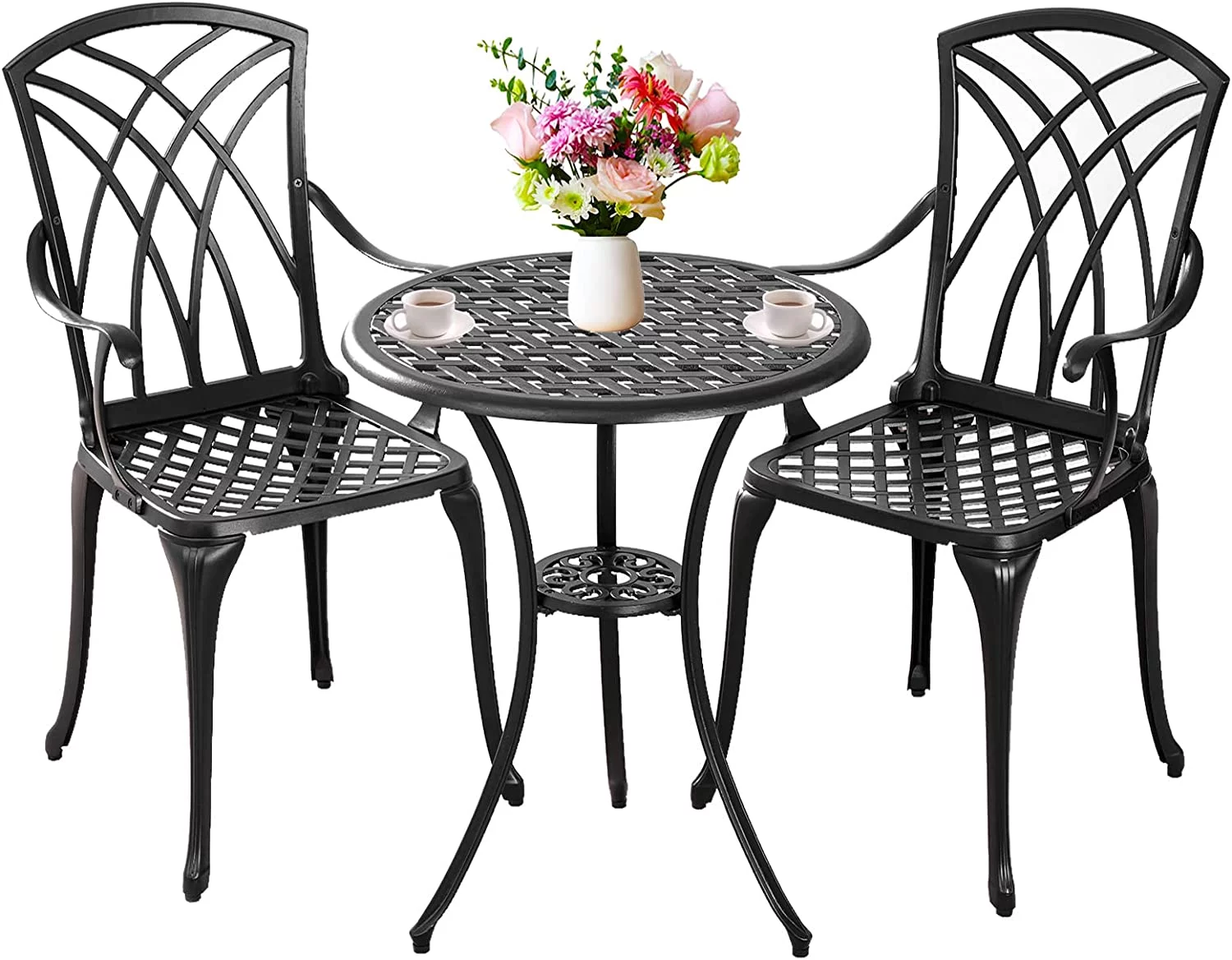 Withniture 3 Piece Patio Bistro Set Cast Aluminum Bistro Table Set Outdoor Patio Furniture with Umbrella Hole for Patio Balcony, Black