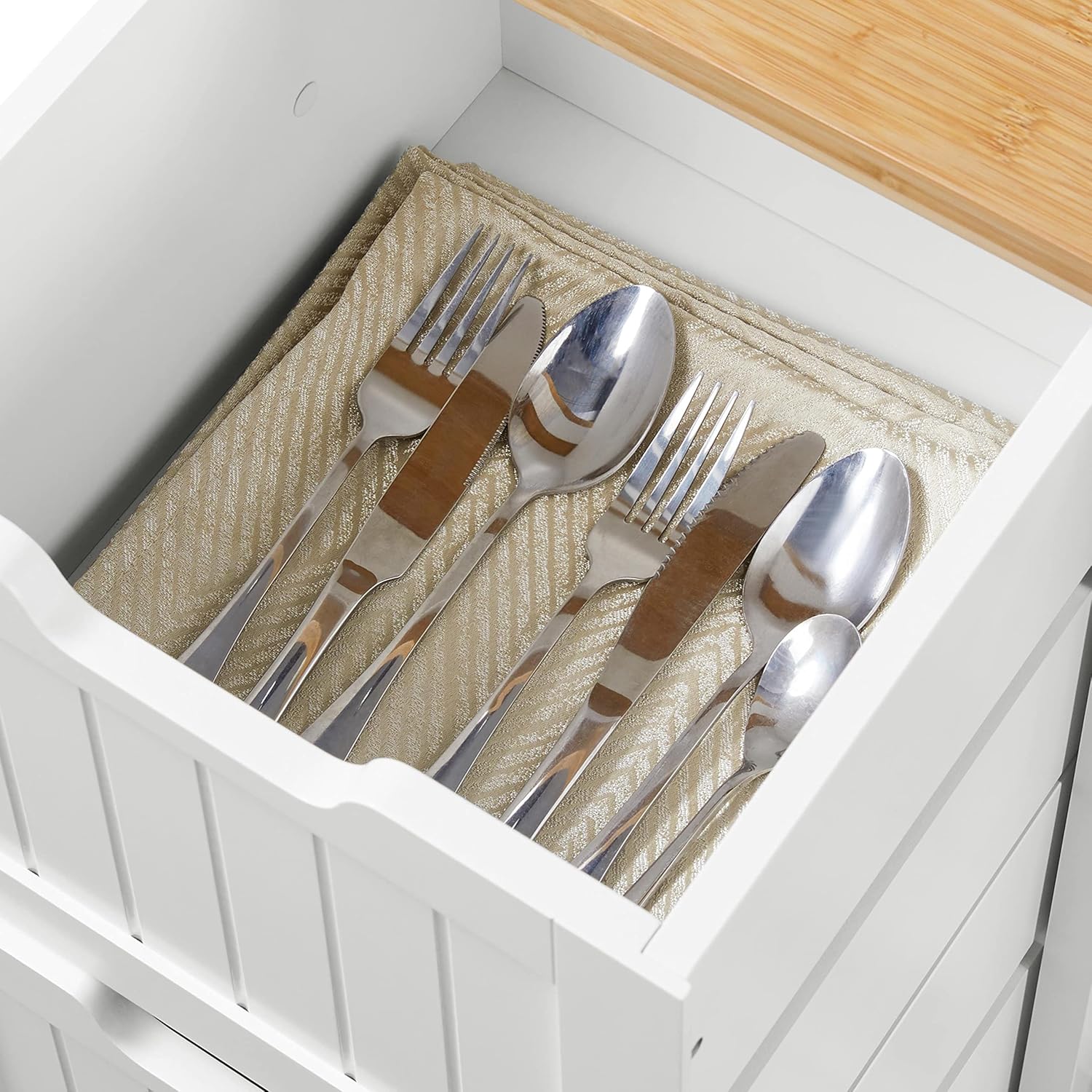 Topeakmart Rolling Kitchen Cart with Drawers and Open Shelves, Kitchen Island Serving Cart with Bamboo Top for Dinning Room, Laundry, White