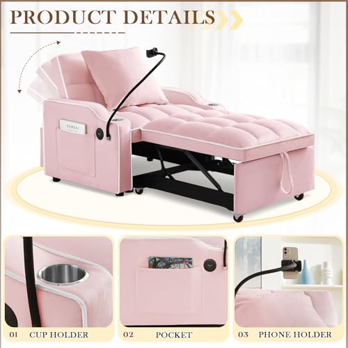 Convertible Sleeper Sofa Bed, 3 in 1 Velvet Pull Out Loveseat Couch Modern Comfy Futon Sofa with Adjustable Backrest & Phone Holder & USB Charging Space Saving for Living Room, Small Apartment, Grey
