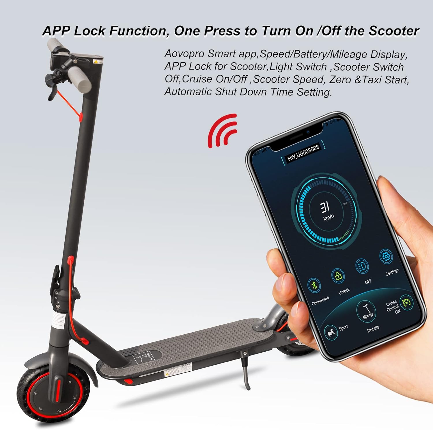 AOVOPRO Electric Scooter, 350W Motor, Range up to 18 Miles Long, 3 Speed Settings, 8.5" Solid Tires, App Control, Portable