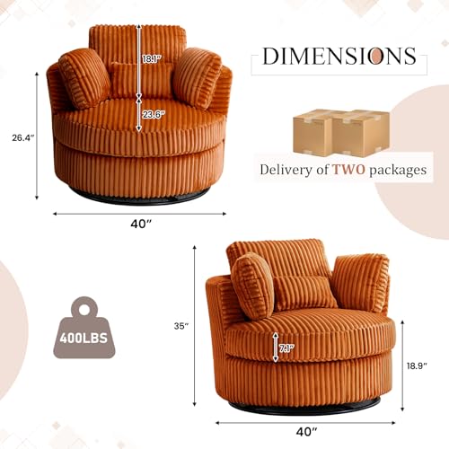 Chair and A Half with Ottoman, 360° Swivel Accent Barrel Chair Modern Comfy Round Reading Sofa Swivel Chairs Circle Lounge Chair for Bedroom Living Room w/4 Pillow Lower Seating Heigh (White, Large)