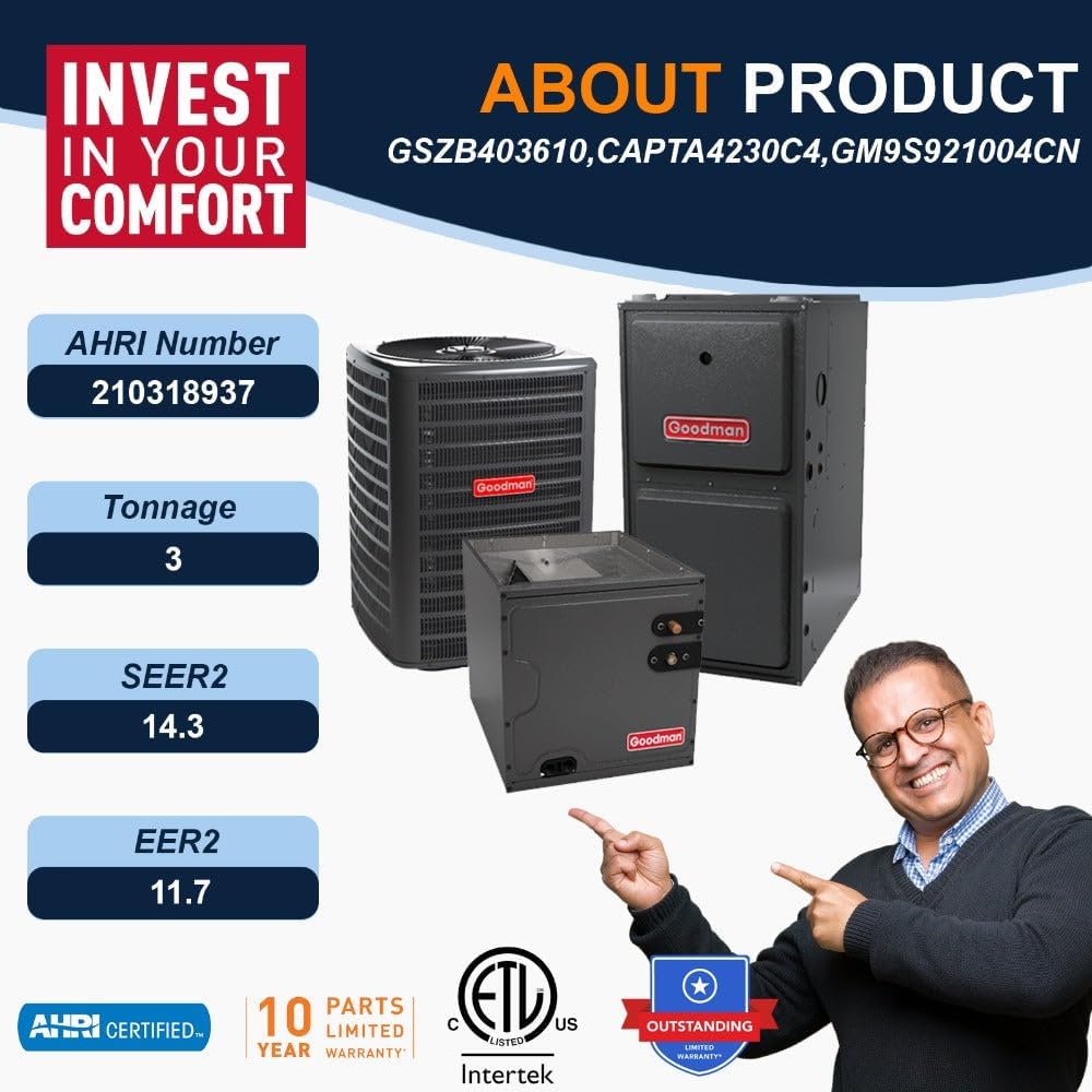 Goodman 3 Ton 14.3 SEER2 Single Stage Heat Pump GSZB403610 and 100,000 BTU 92% AFUE Multi-Speed Gas Furnace GM9S921004CN Upflow System with CAPTA4230C4